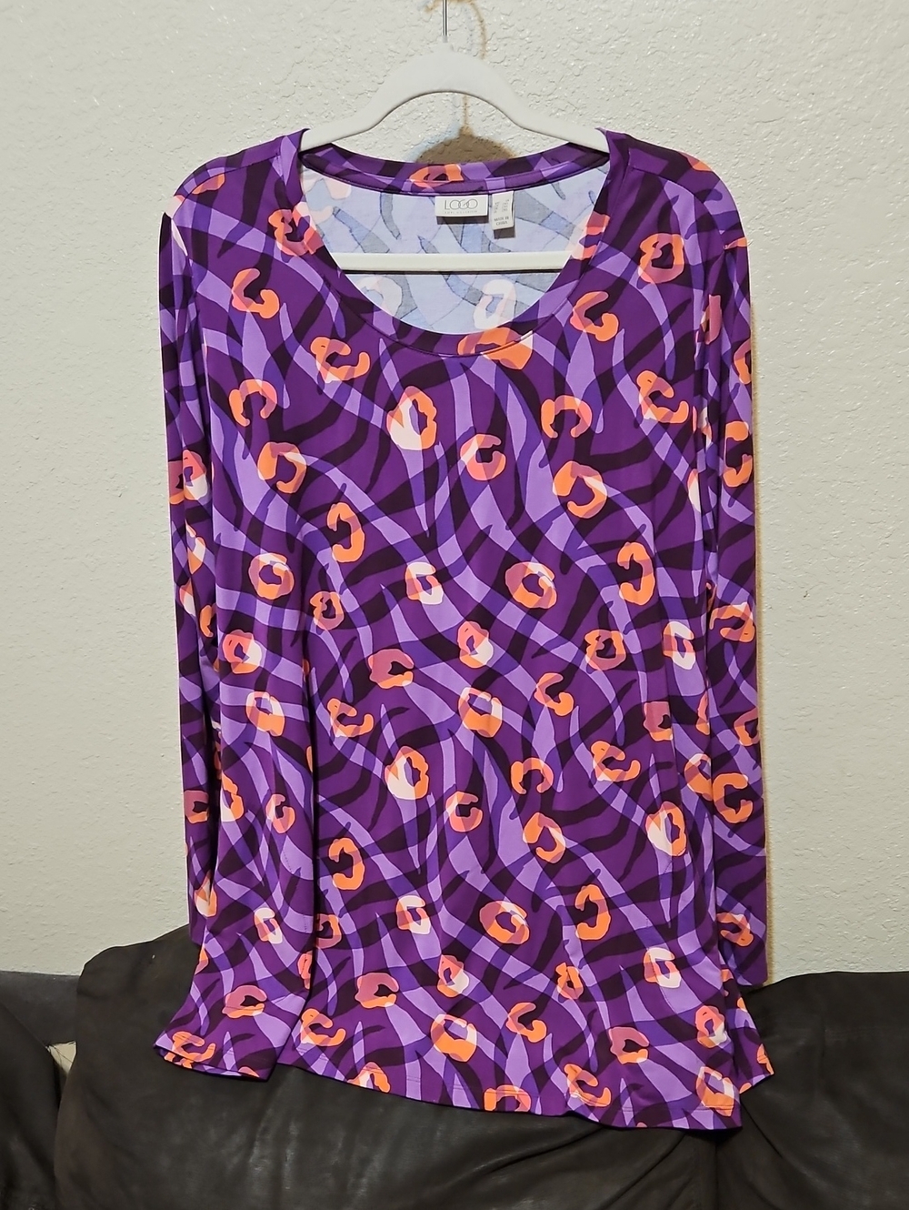 LOGO by Lori Goldstein Purple and Orange Printed Long Sleeve Top W/Pockets